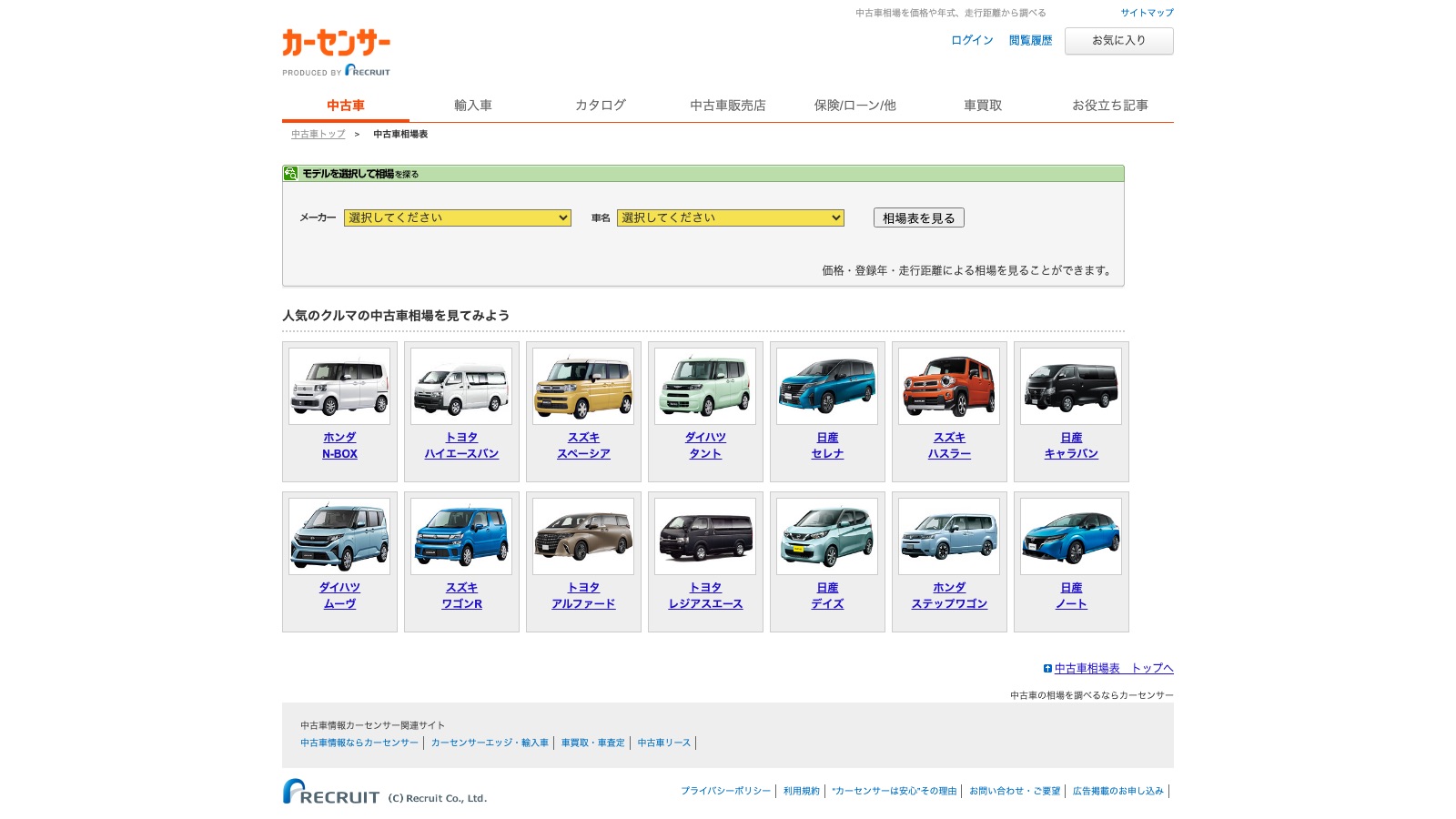 カーセンサーの中古車相場表トップページ