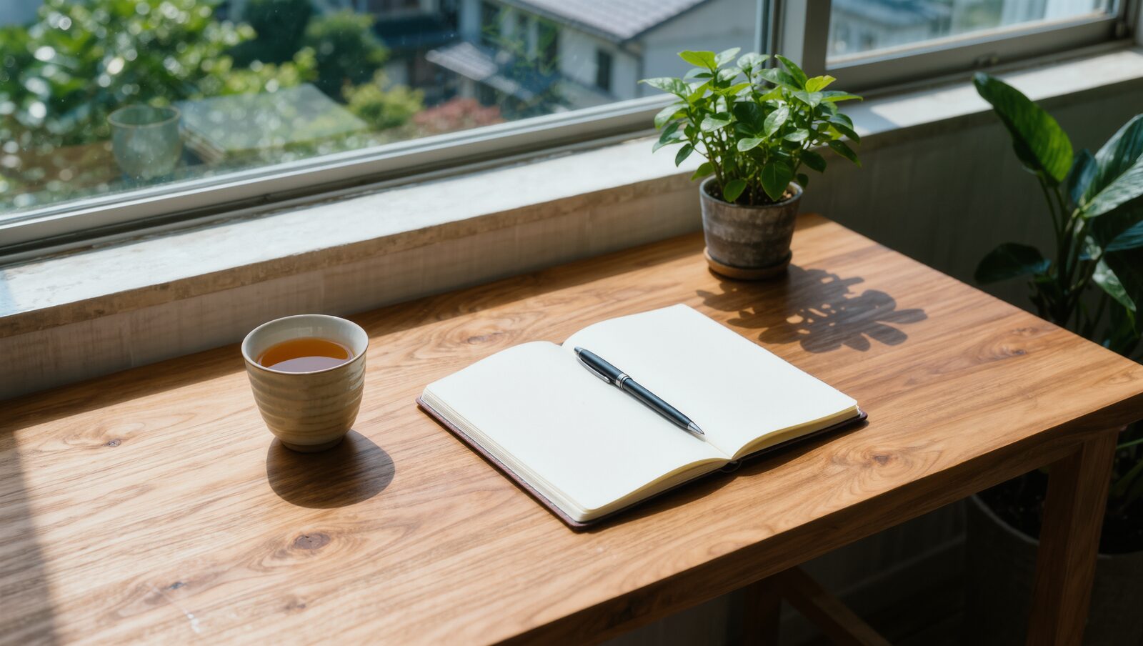 窓辺の木の机に置かれた白紙のノートとお茶と観葉植物