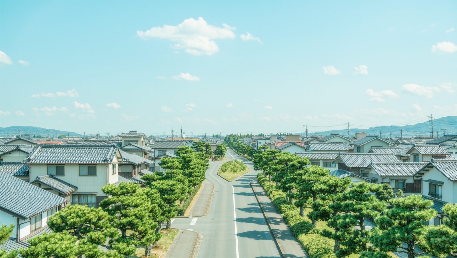 緑の並木と住宅が続く、日本の郊外の分かれ道