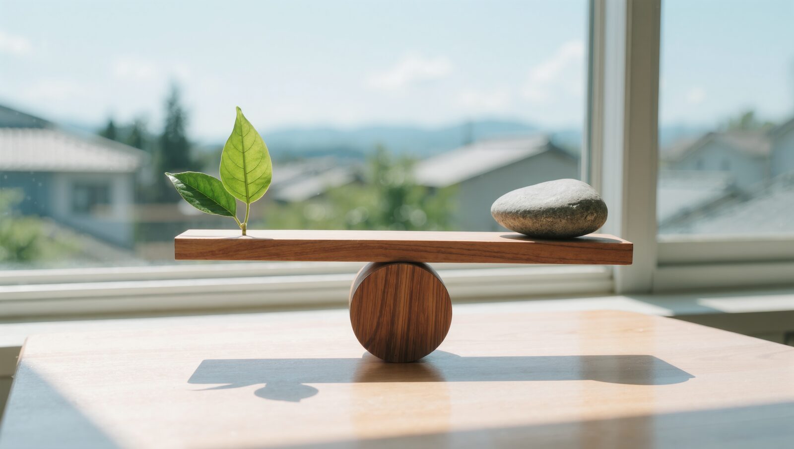 木のてんびんの両端に葉と石が載り、つり合っている様子