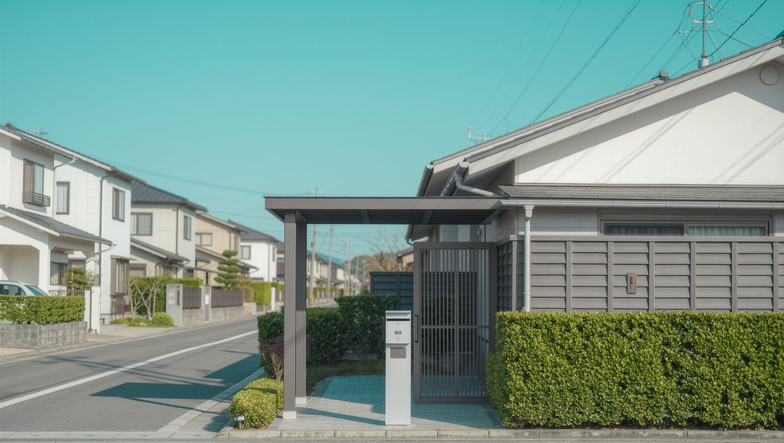 青空の下、静かな住宅街の門前にある郵便受け