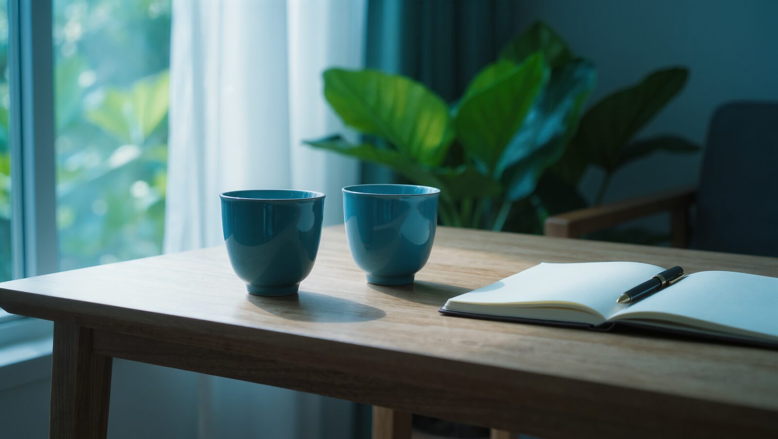 木のテーブルに並んだ二つの湯のみとノート