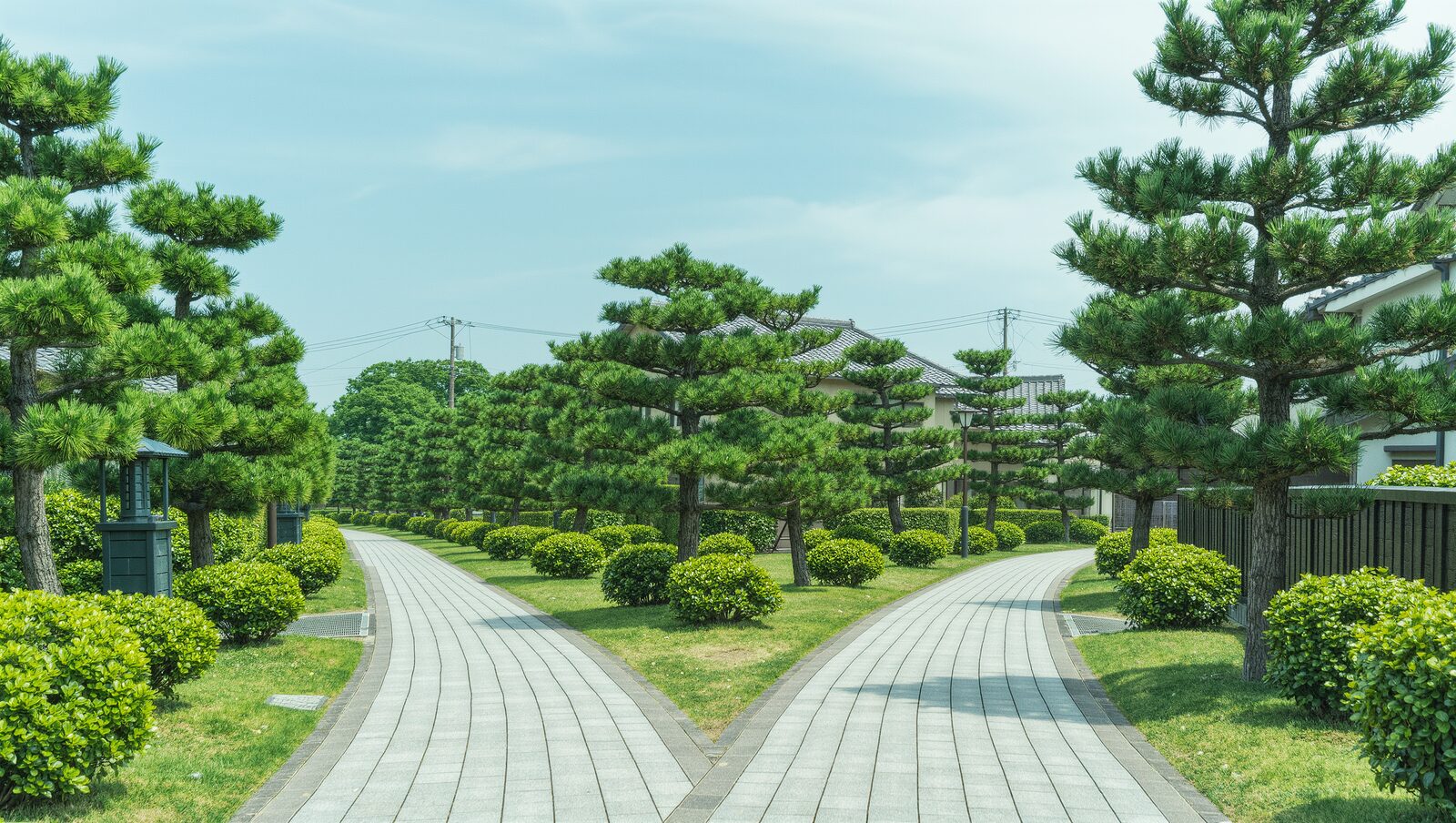 緑に囲まれた住宅街で二手に分かれる遊歩道