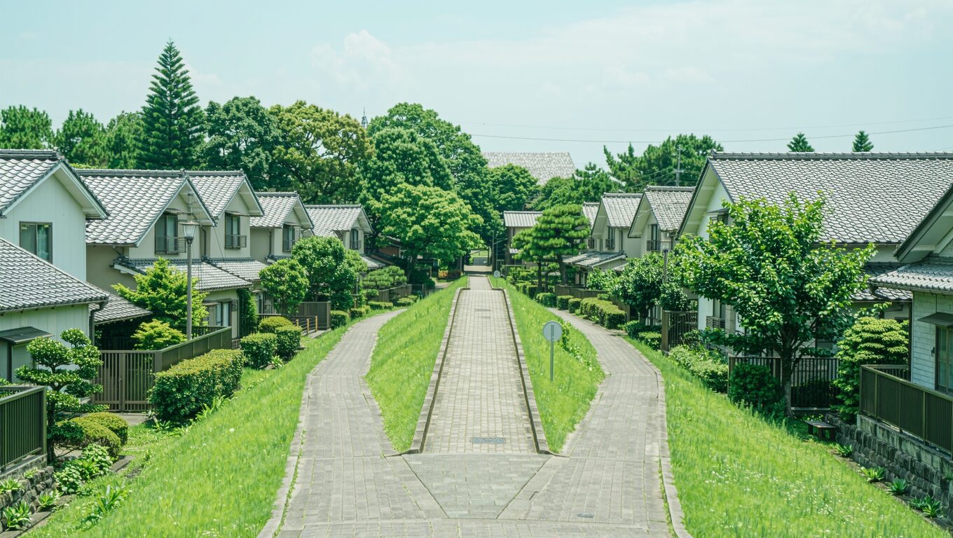 緑豊かな住宅街で二手に分かれる静かな小道