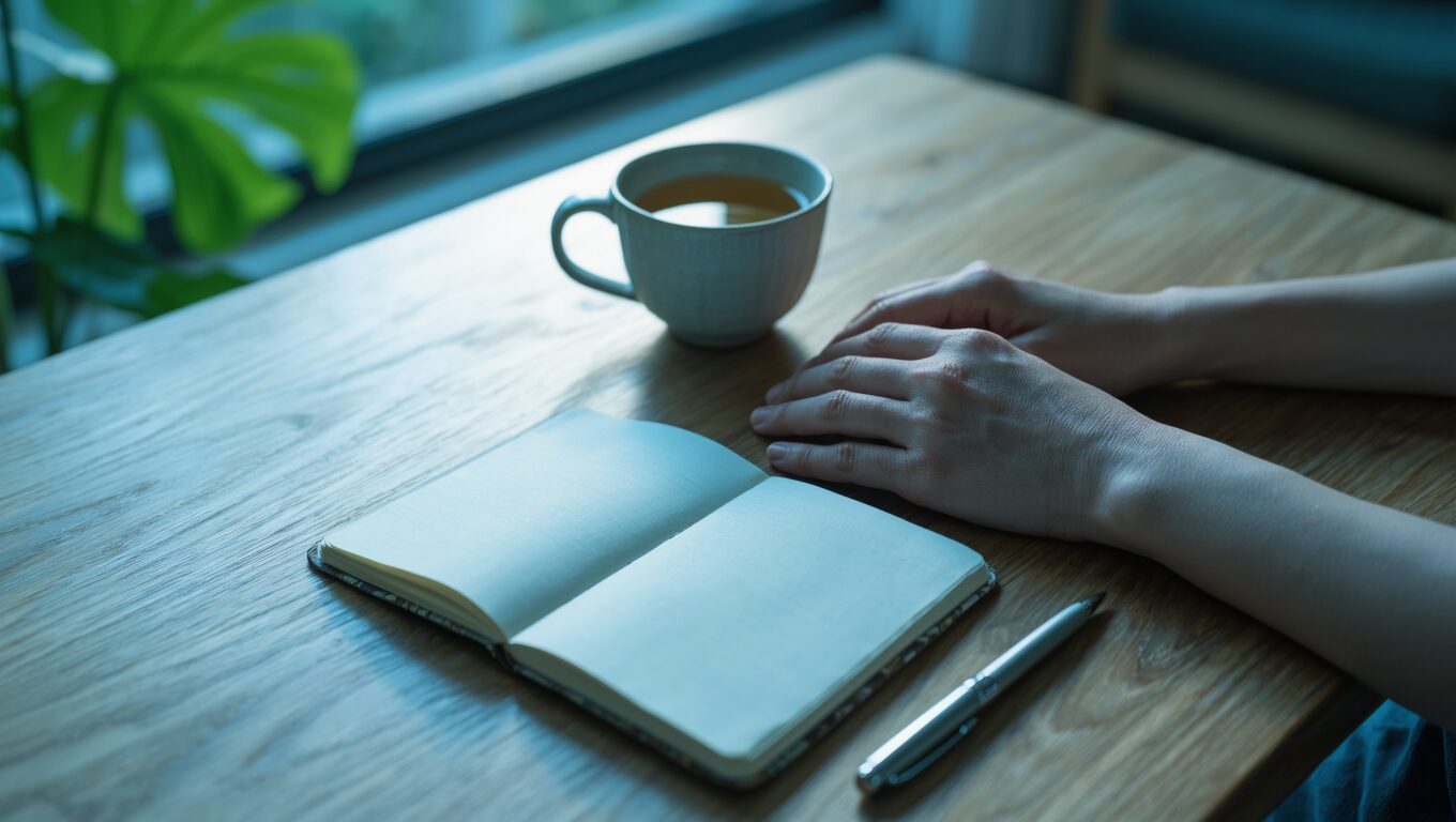 白紙のノートとペン、お茶の横に置かれた落ち着いた手元