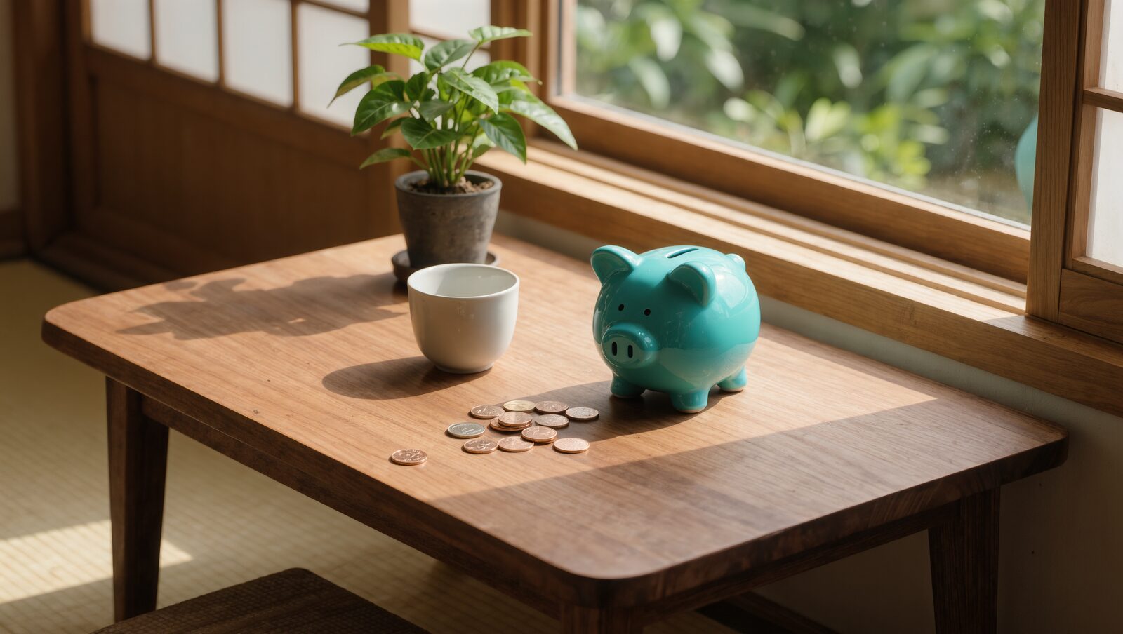 窓辺の木のテーブルに置かれた青緑の貯金箱と小銭
