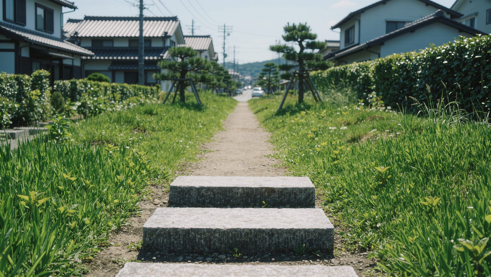 住宅街へ続く草地の小道に並ぶ石の踏み台