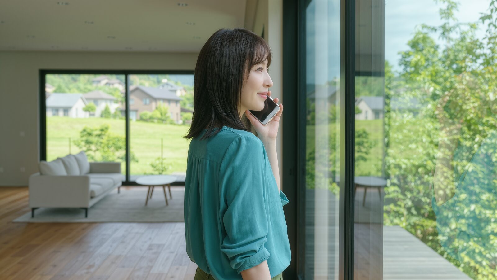 明るいリビングの窓辺で落ち着いて電話をする女性