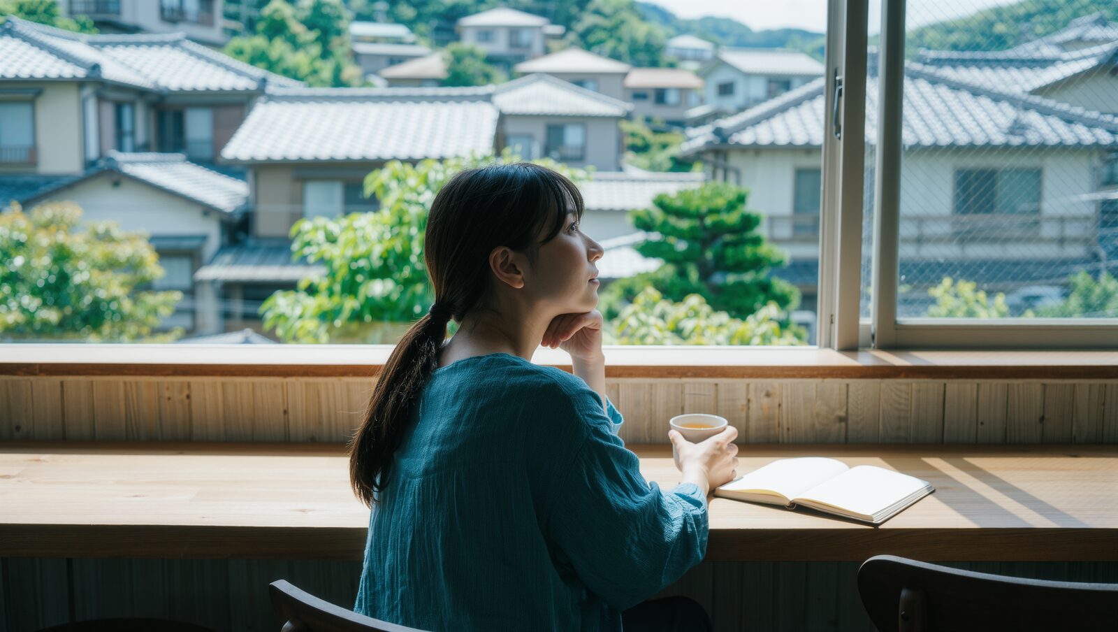 窓辺でお茶を飲みながら静かに考え込む女性の後ろ姿