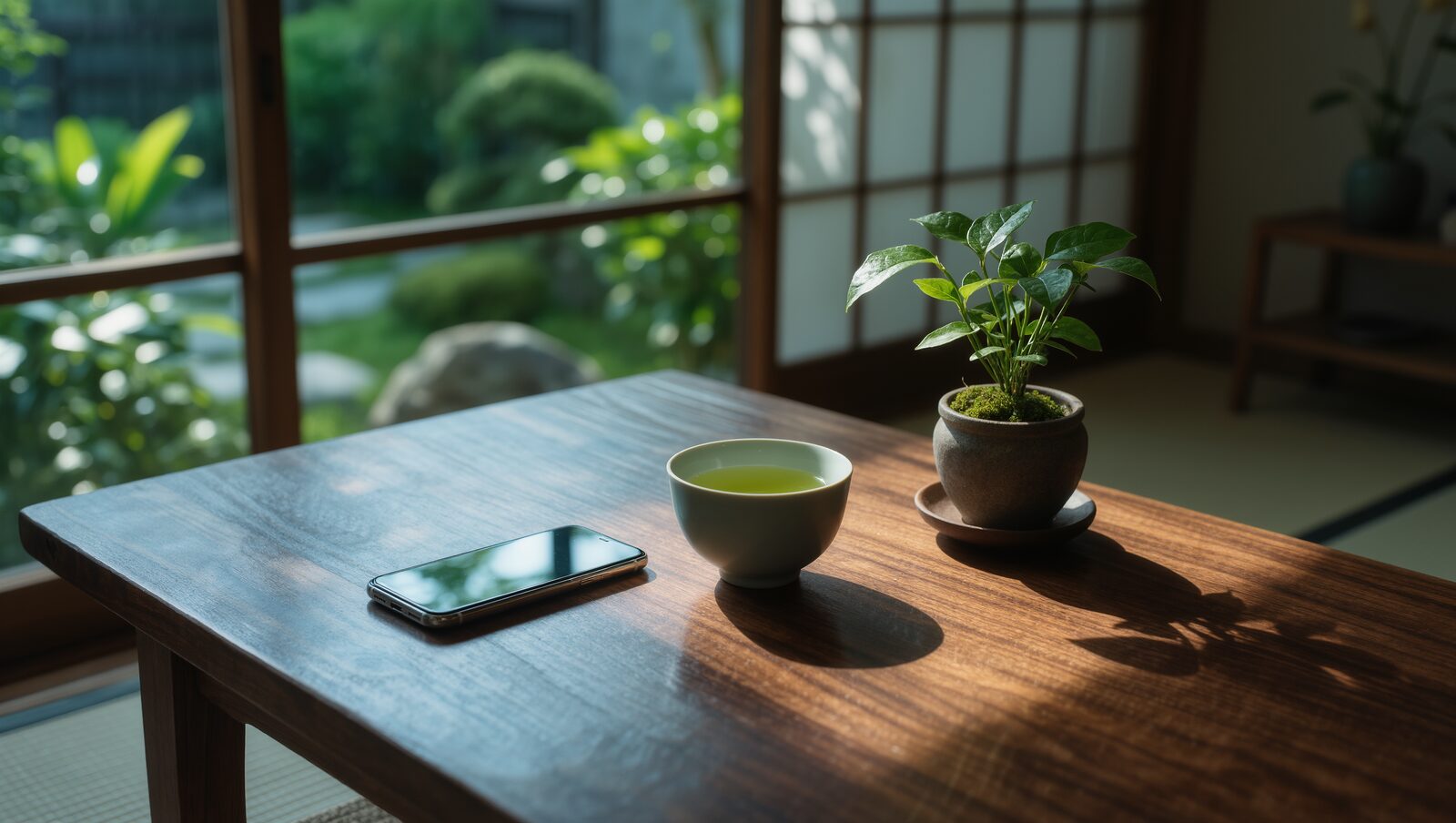 窓辺の木のテーブルに置かれたスマホと緑茶と観葉植物