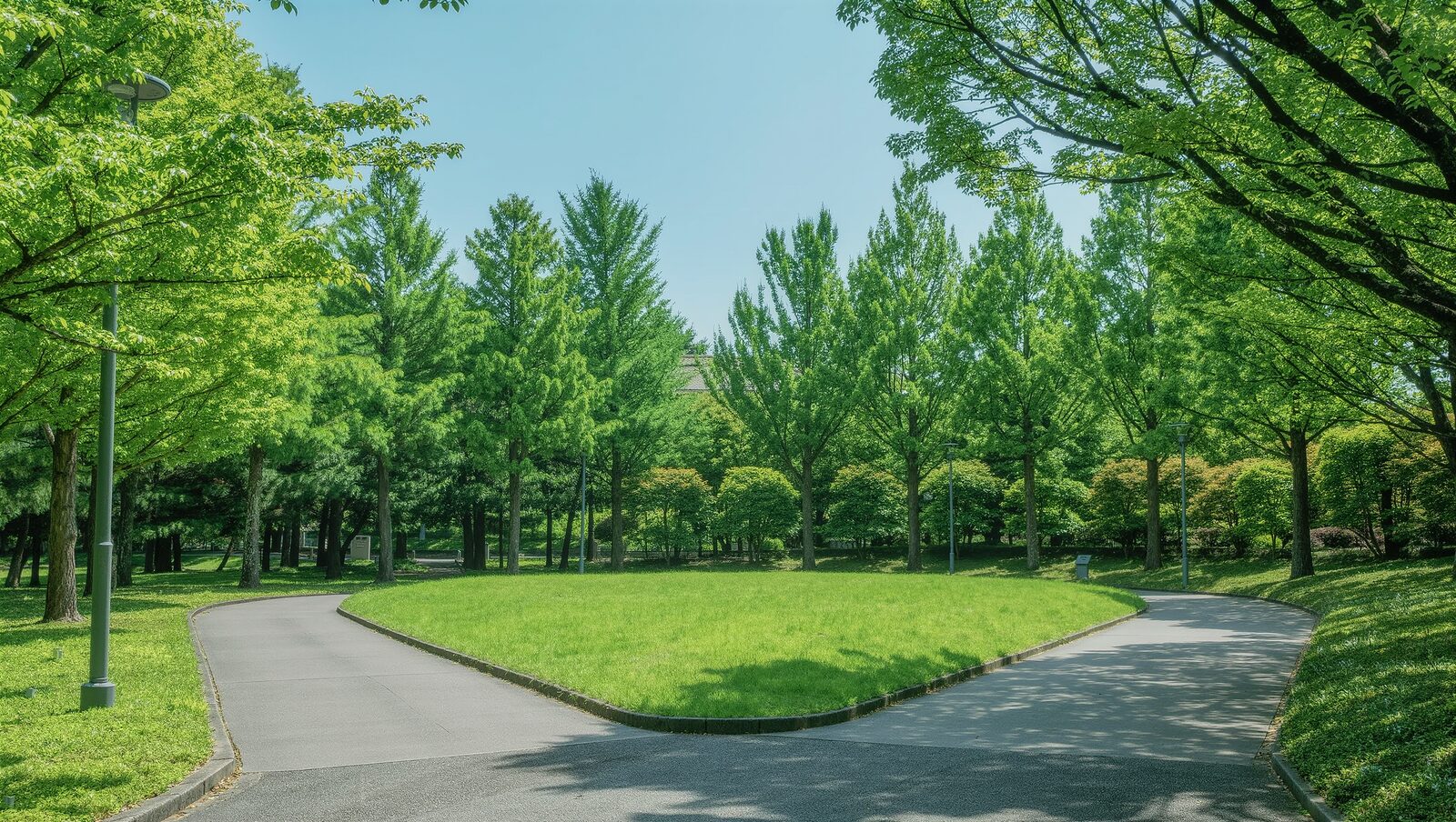 芝生の島をはさんで二手に分かれる緑豊かな公園の小道