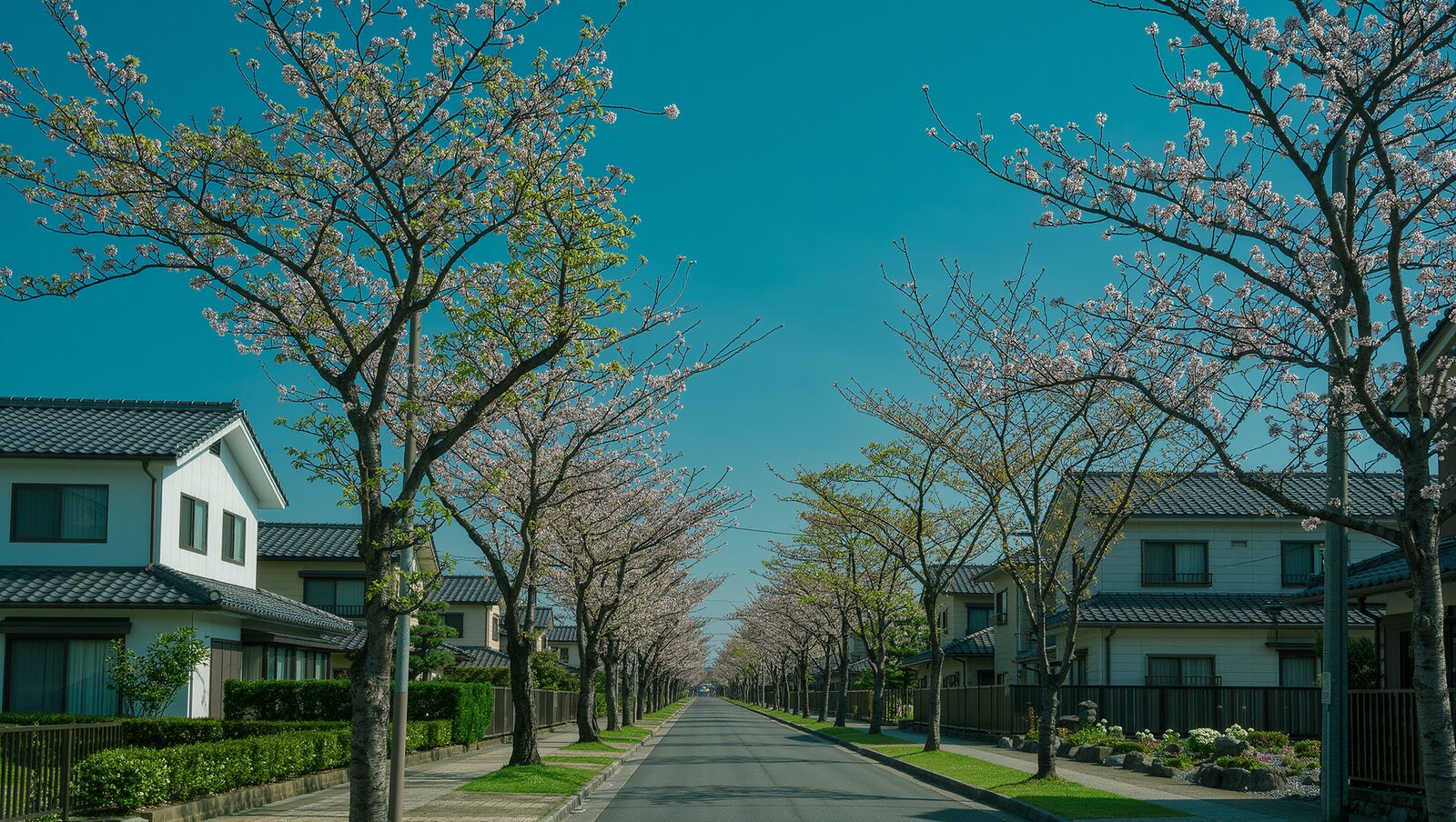 桜が咲き始める春先の静かな住宅街の通り