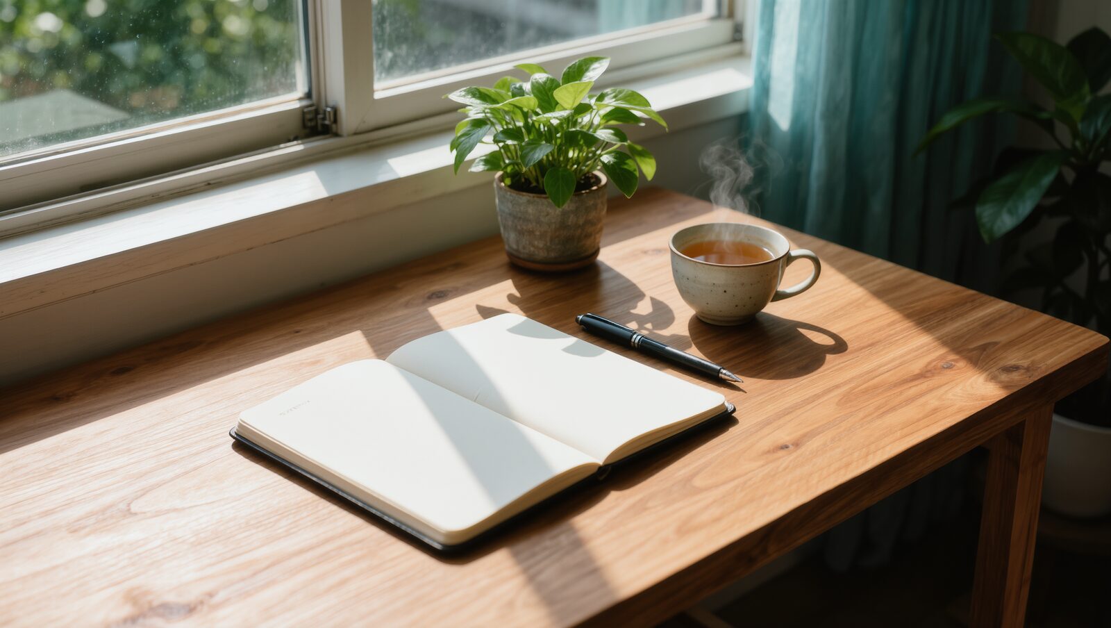 日差しの入る窓辺の机にノートとお茶、観葉植物
