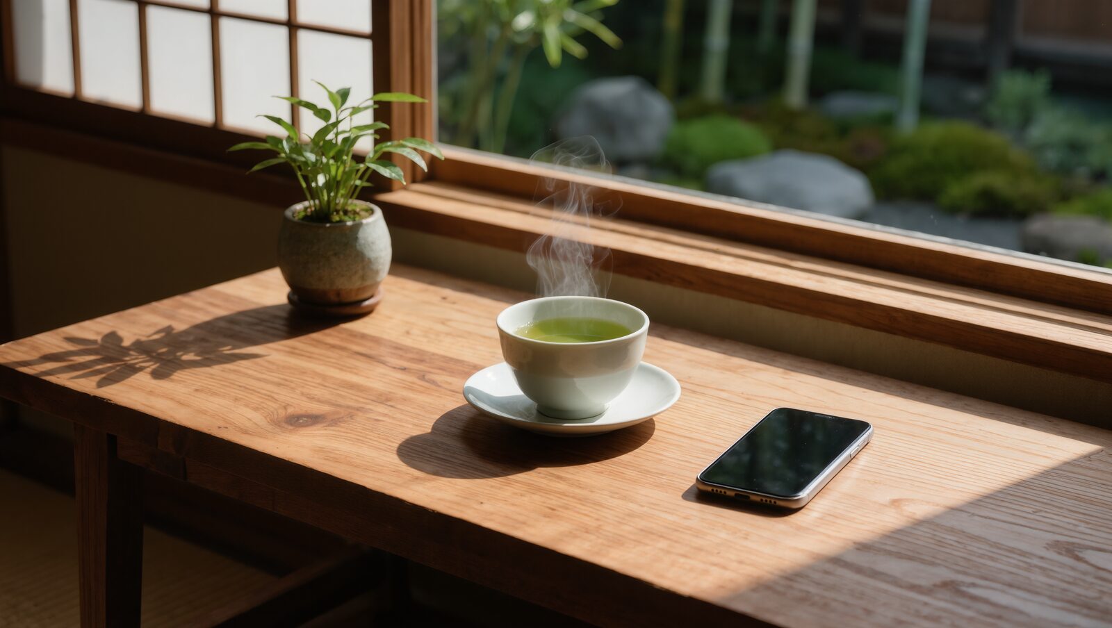 窓辺の木のテーブルに置かれた緑茶とスマートフォン