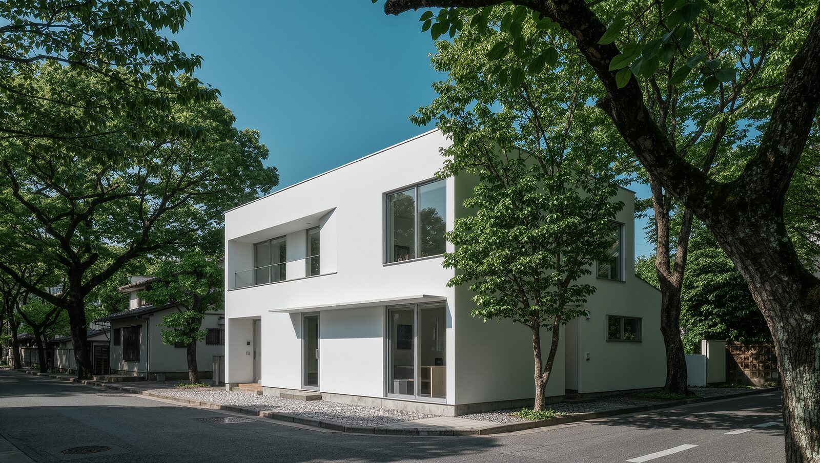 緑の街路樹に囲まれた郊外の白い2階建てオフィス