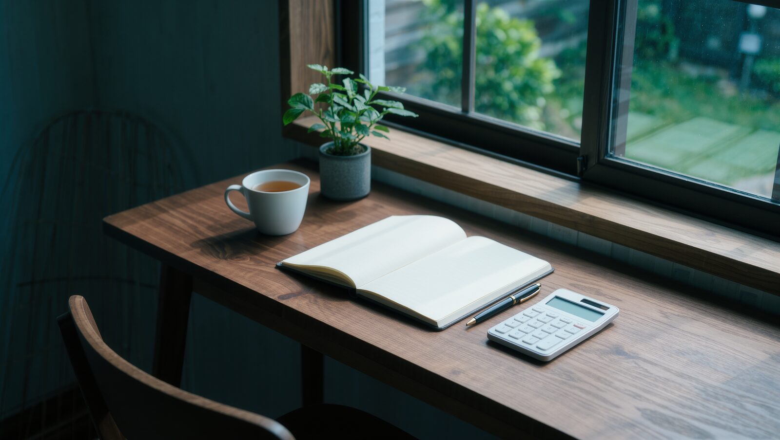 窓辺の机に置かれたノートと電卓、お茶と観葉植物
