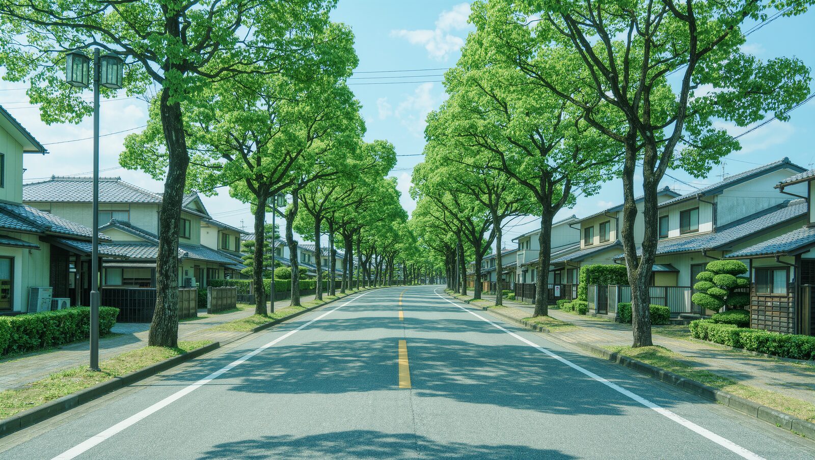 街路樹の緑が続く静かな住宅街の道