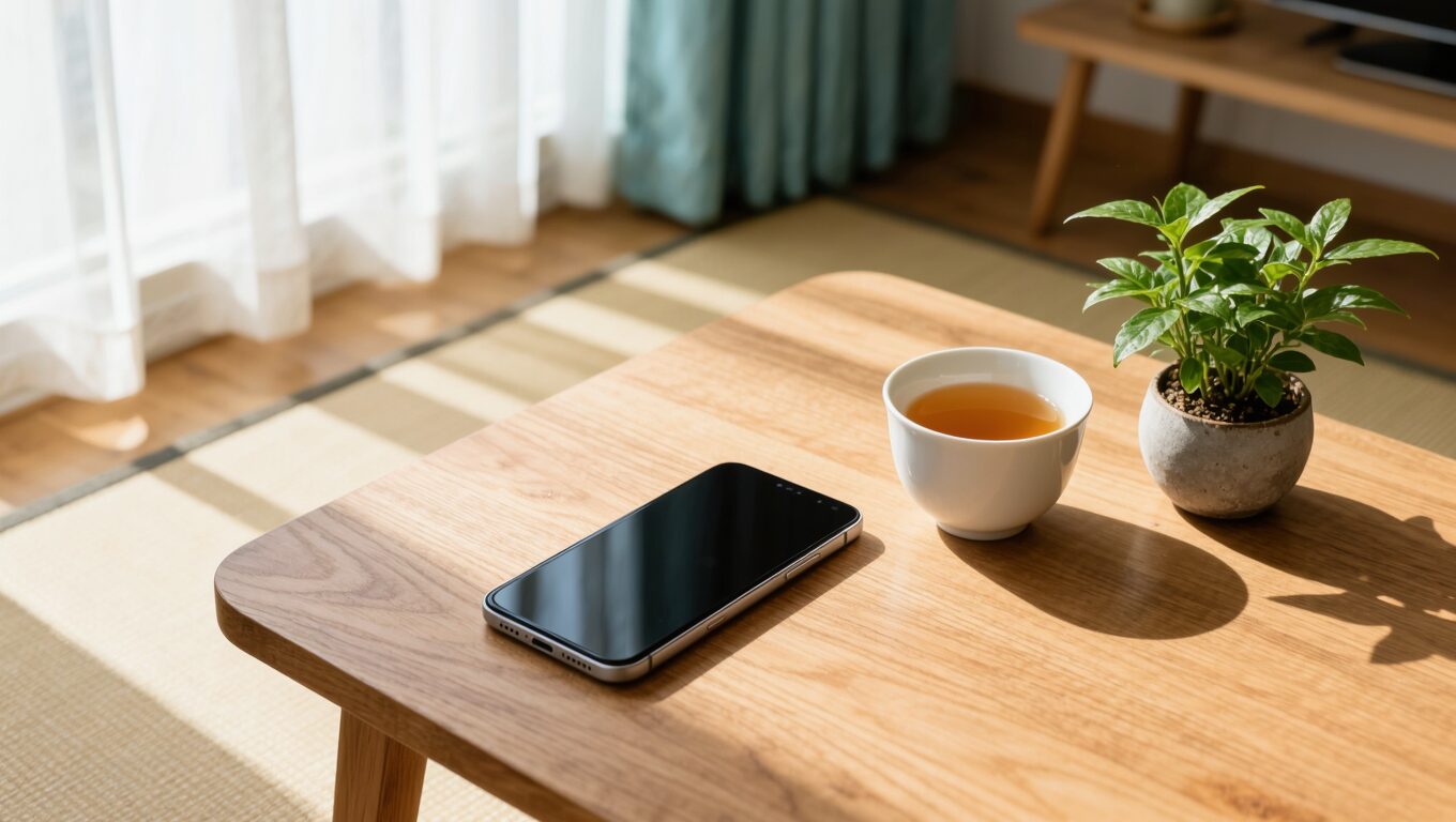 静かなリビングの木のテーブルに置かれたスマホとお茶