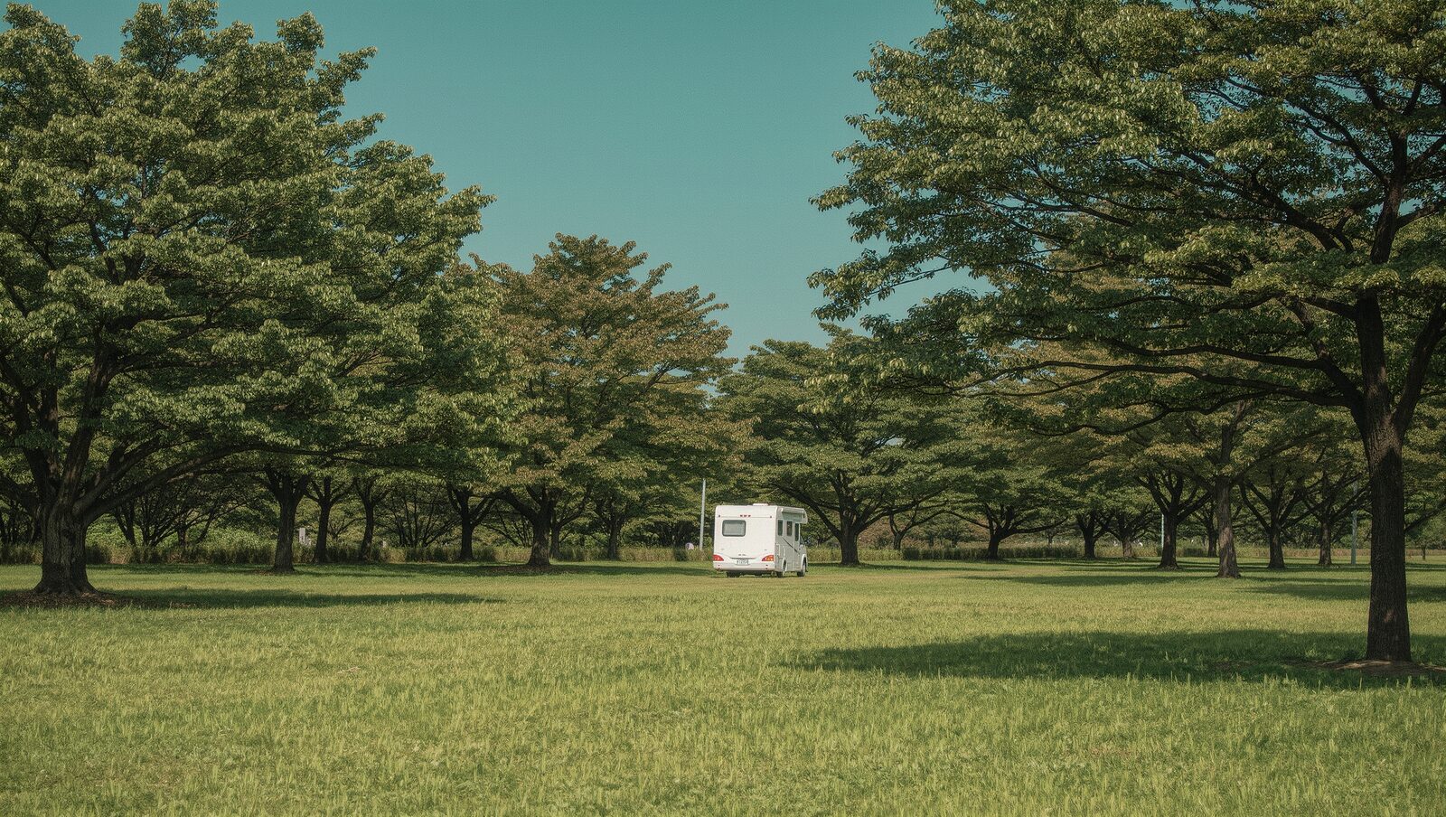 木立に囲まれた明るい芝生の広場にぽつんと停まる白いキャンピングカー