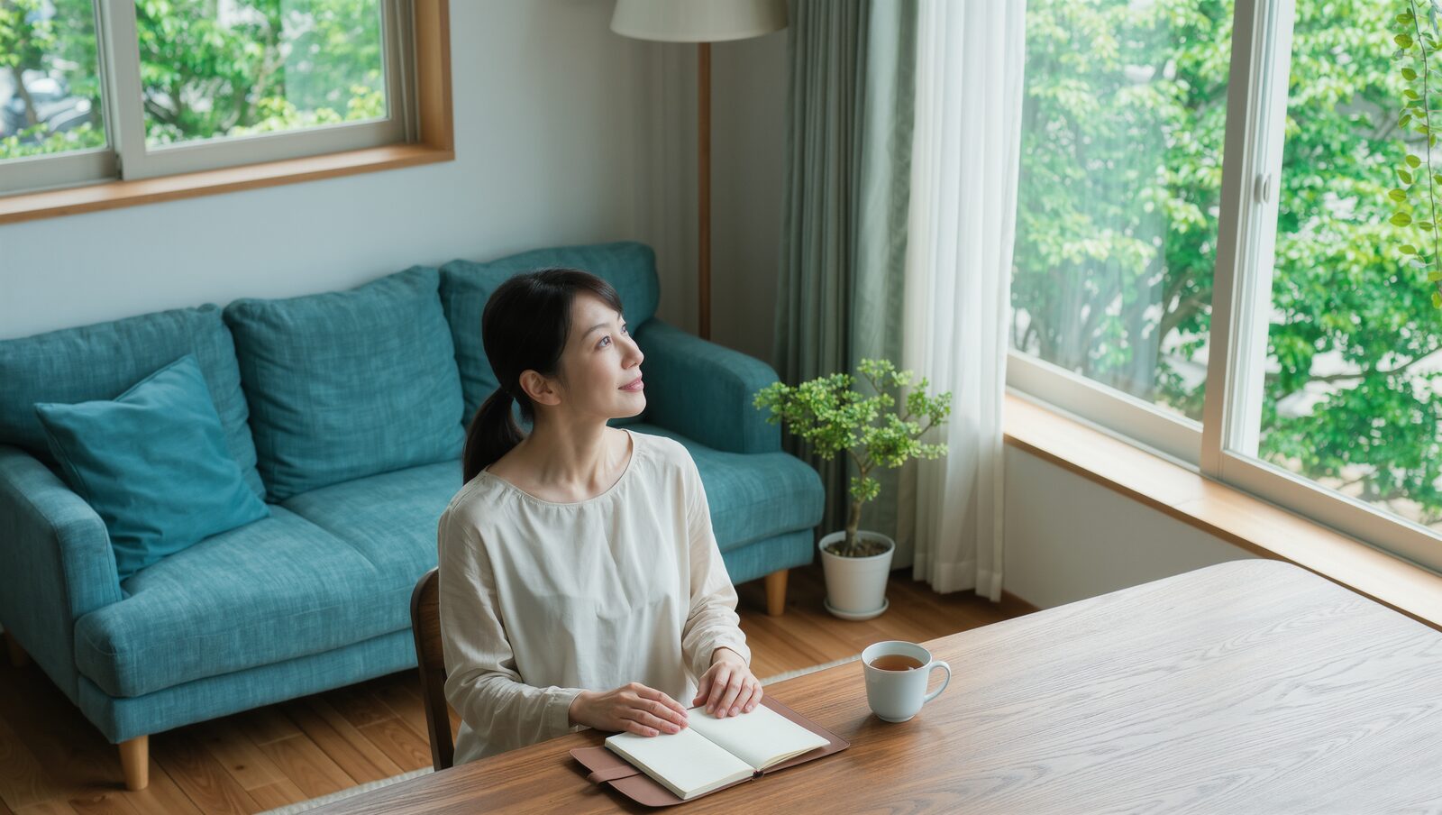 明るいリビングで手帳を前に落ち着いて考える女性