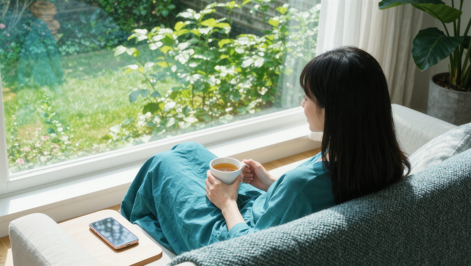 電話を気にせず、窓辺のソファで紅茶を飲んでくつろぐ女性