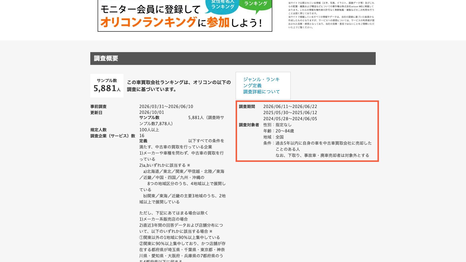 オリコン顧客満足度調査「車買取会社」の公式ランキングページ